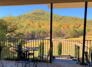 Terrace with tables overlooking the vineyards framed in Autumn leaf covered mountains. 