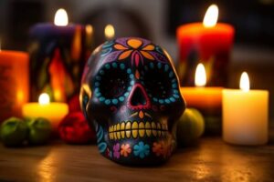 Dia De Muerta painted skull with candles in background. 