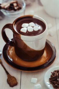 Cup of hot chocolate with marshmallows . 