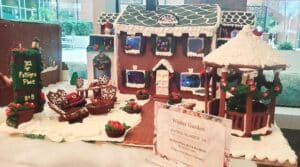 Gingerbread house decorated with winter scene,