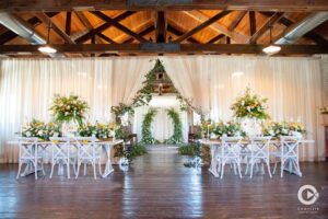 Historic depot decorated for white wedding.